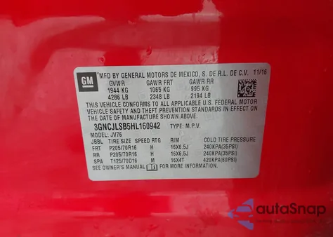 2017 Chevrolet Trax Lt from USA, damaged, VIN 3GNCJLSB5HL160942